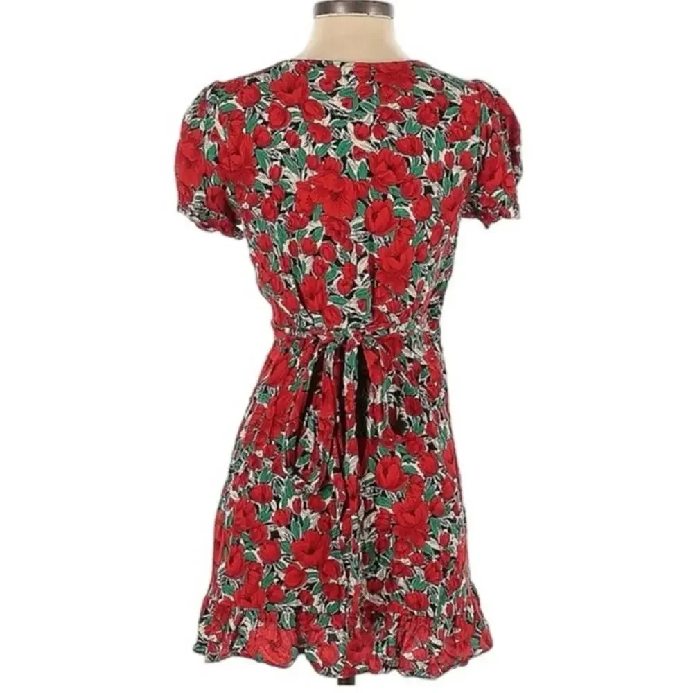 Zara Floral Vibrant Roses Whimsical Wrap Knee Length Dress Size Large. - Picture 2 of 5